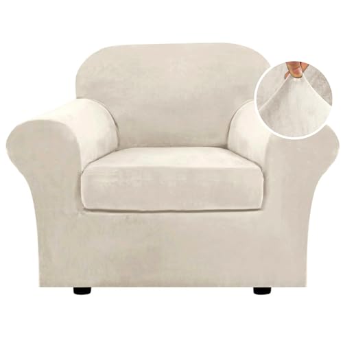 H.VERSAILTEX Rich Velvet Stretch 2 Piece Cover Chair Slipcover Sofa Cover Furniture Protector Couch Soft with Elastic Bottom Chair Couch Cover with Arms Width Up to 49 Inch(Chair, Ivory)