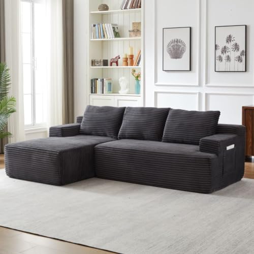 96" L Shaped Sectional Sofa Boneless Cloud Couch for Living Room - Corduroy Memory Foam Modular Sofa Compression Couches with Deep Seat for Living Room Bedroom, No Assembly