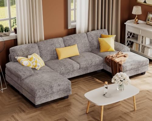Furmax Sectional Couches for Living Room, U-Shaped Sofa Couch with Linen Fabric, 4 Seat Sofa Set with Double Chaise for Apartment (Chenille, Grey)