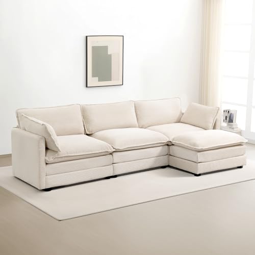 ROWHY 112'' Modular Sectional Cloud Couch with Movable Ottoman, 4 Seat Modern Corduroy Sofa, Deep Seat L Shaped Couch for Living Room Bedroom Apartment, Beige