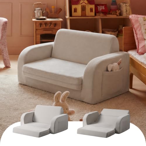 little dove 3-in-1 Extra Wide Convertible Kids Couch, Flip Open Kid Sofa, Machine-Washable Kid Couch for Girls, Kids Sofa for Fun Playtime, Gray