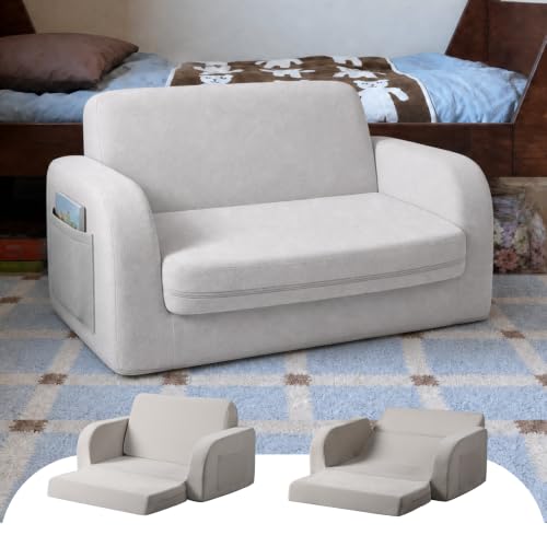 little dove 3-in-1 Extra Wide Convertible Kids Couch, Flip Open Kid Sofa, Machine-Washable Kid Couch for Girls, Kids Sofa for Fun Playtime, Gray
