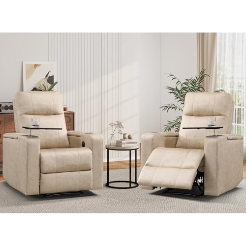 ANJ Home Theater Seating Power Recliner with Hidden Arm Storage Set of 2, Faux Leather Recliners with Tray Table, Electric Movie Reclining Chairs with USB Ports & Cup Holders for Media Room, Beige