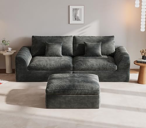 Boneless Couch 91" Cloud Sofa 3-Seater Sectional Couches for Living Room, L-Shape Sofa with Ottoman, Comfy Flannel Fabric Oversized Loveseat Recliner Lounge Chaise with 2 Throw Pillow (Black)