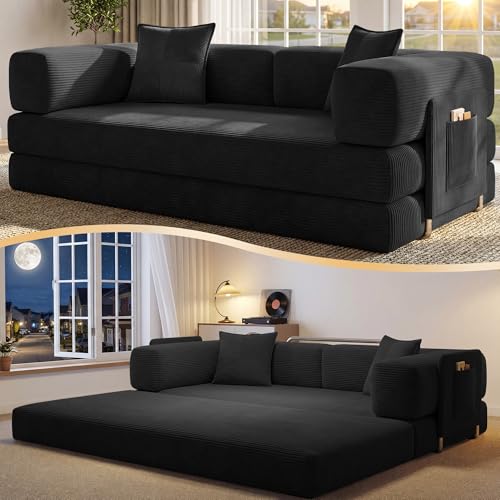 CUBENTE 78.8" Convertible Sofa Bed,Corduroy Futon Couch with Storage Pocket,Folding Pull Out Futon Sofa, No Assembly Boneless Couch for Living Room,Black