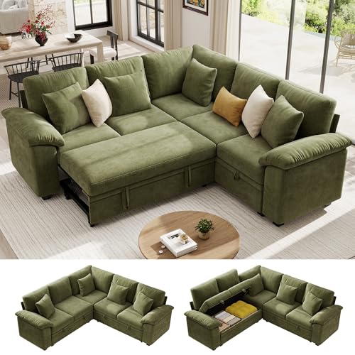Ihanherry 86" Modular Sectional Sofa with Pull Out Bed, 5-Seater L Shaped Sectional Sleeper Couch with Storage, Chenille Convertible Couches for Living Room, Apartment (Green)