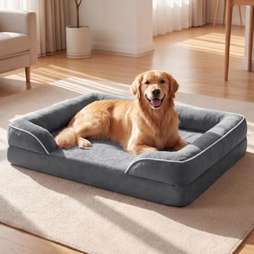 EOBUSKOR Orthopedic Dog Beds for Extra Large Dogs, Heavy Duty Waterproof Dog Couch Bed, High-Density Joint Support Foam, Washable Cover & Anti-Slip Bottom, XL-Deluxe Thick Grey