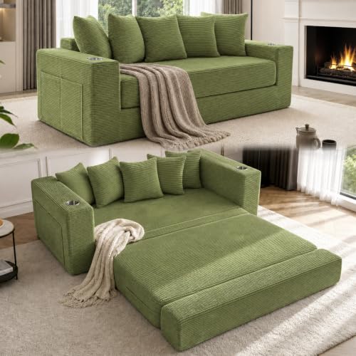 76" Convertible Sofa Bed, Corduroy Boneless Couch with Cup Holders & Pocket