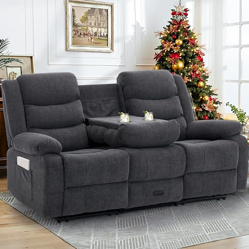 Korser Recliner Sofa, Reclining Loveseat with Console, Reclining Couch with Drop Down Table, 3-Seater Sofa with Cup Holder and Recessed Power Strip, Grey