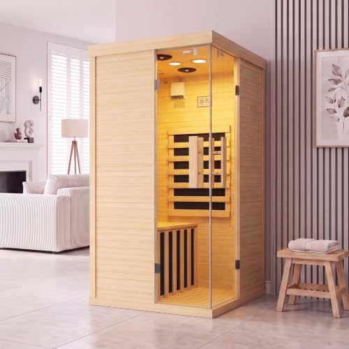 Infrared Sauna for Home, Sauna Spa Room Canadian Hemlock Wood with 10-Color Light , Bluetooth Speakers, Tempered Glass & Control Panel - 149℉ Heating, Indoor Dry & Steam Sauna – 33.5" x 33.5" x 67"