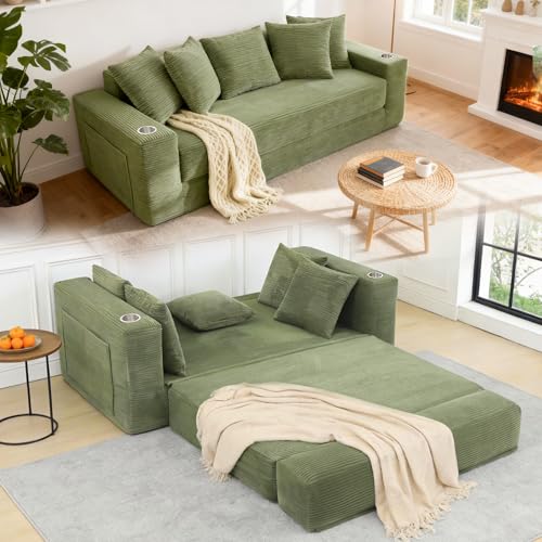 FASADI 76" Convertible Sofa Bed, Corduroy Boneless Couch with Cup Hold — Design and materials in detail