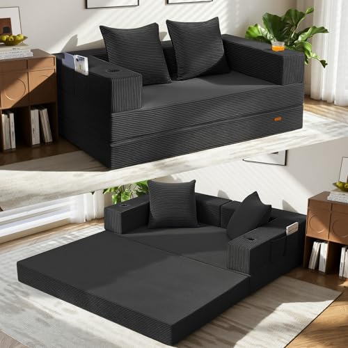 COMAX Boneless Futon Sofa Bed, 59" Small Low-Profile Floor Couch, Black