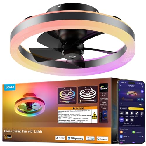 Govee Ceiling Fan with Lights, 20'' RGBIC Oscillating Flush Mount Bladeless Ceiling Fans with Lights and Remote, 12 Speeds Reversible DC Motor, 3100lm, Low Profile Ceiling Fan for Bedroom, Living Room