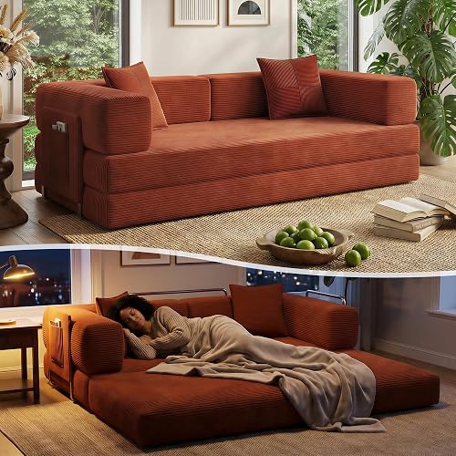 Fancyfire 78.8" Convertible Sofa Bed with Armrest Pillow, 4-in-1 Sleeper Couch Bed for Livingroom, Modular Corduroy Boneless couches, No Assembly (Orange)